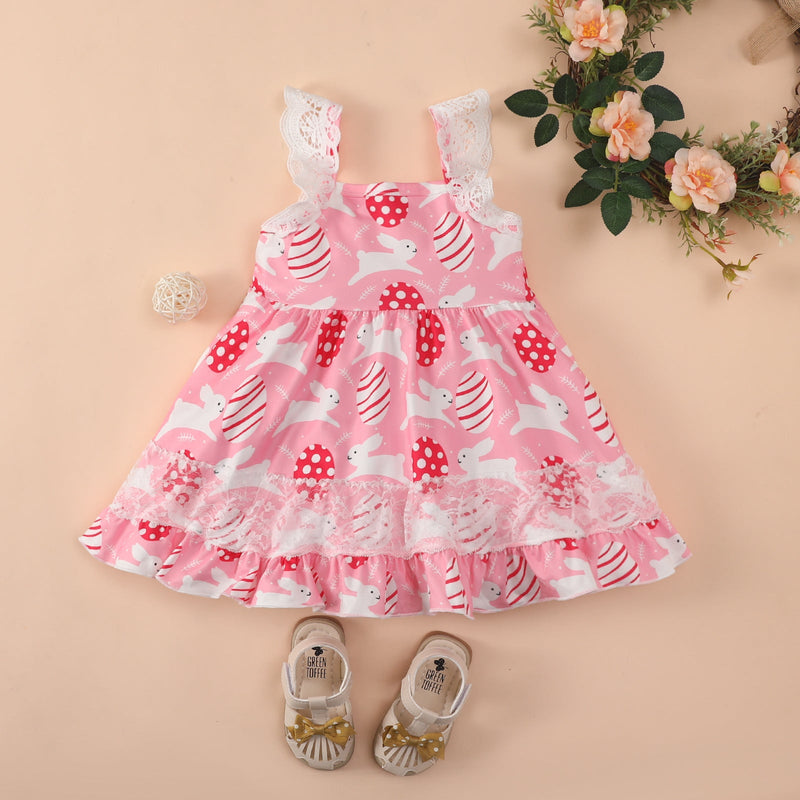 Baby Girl Rabbit & Egg Graphic Mesh Patchwork Design Sleeveless Dress