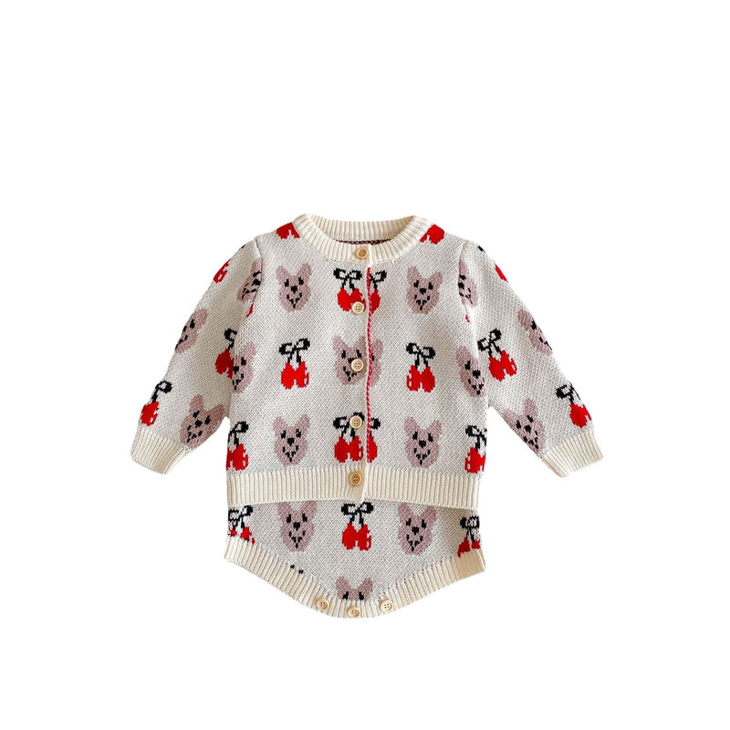 Baby Girl 1pcs Allover Cartoon Bear & Cherry Embroidered Graphic Bodysuit & Cardigan Knitted Sets