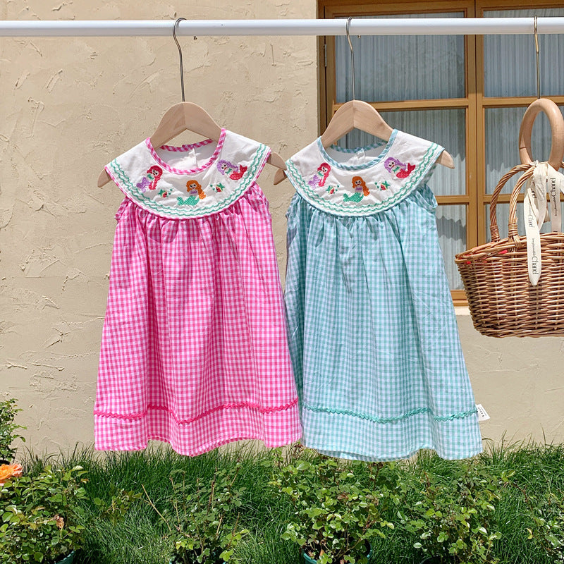 New Design Summer Baby Kids Girls Plaid Sleeveless Mermaid Embroidery Collar Dress