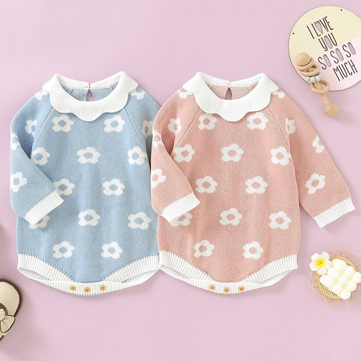 Baby Girl Floral Pattern Big Ruffle Collar Knit Cute Onesies