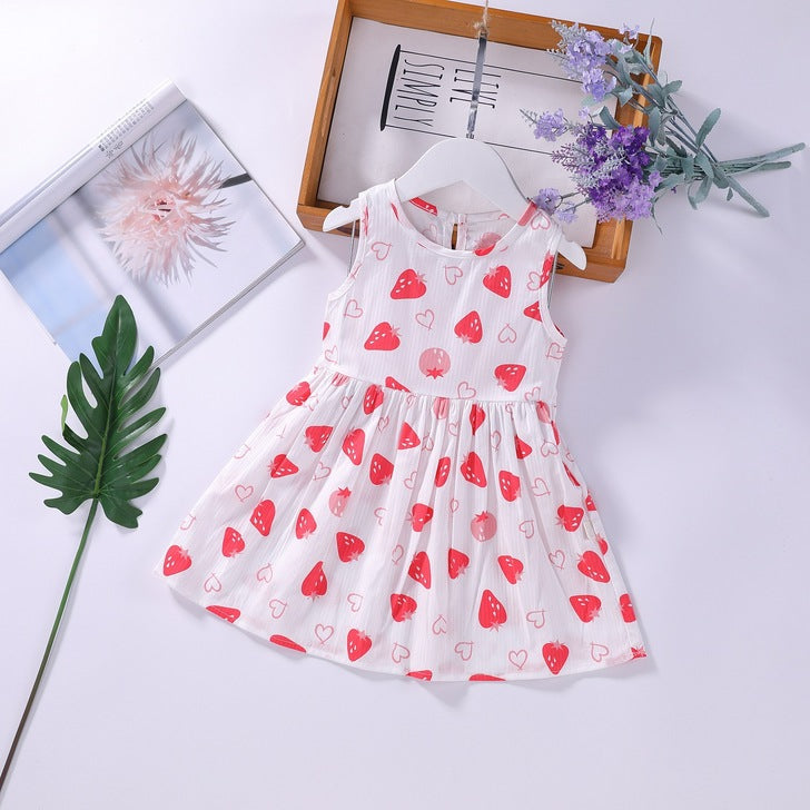 Baby Girls Floral Print Sleeveless Round Collar Dress In Summer