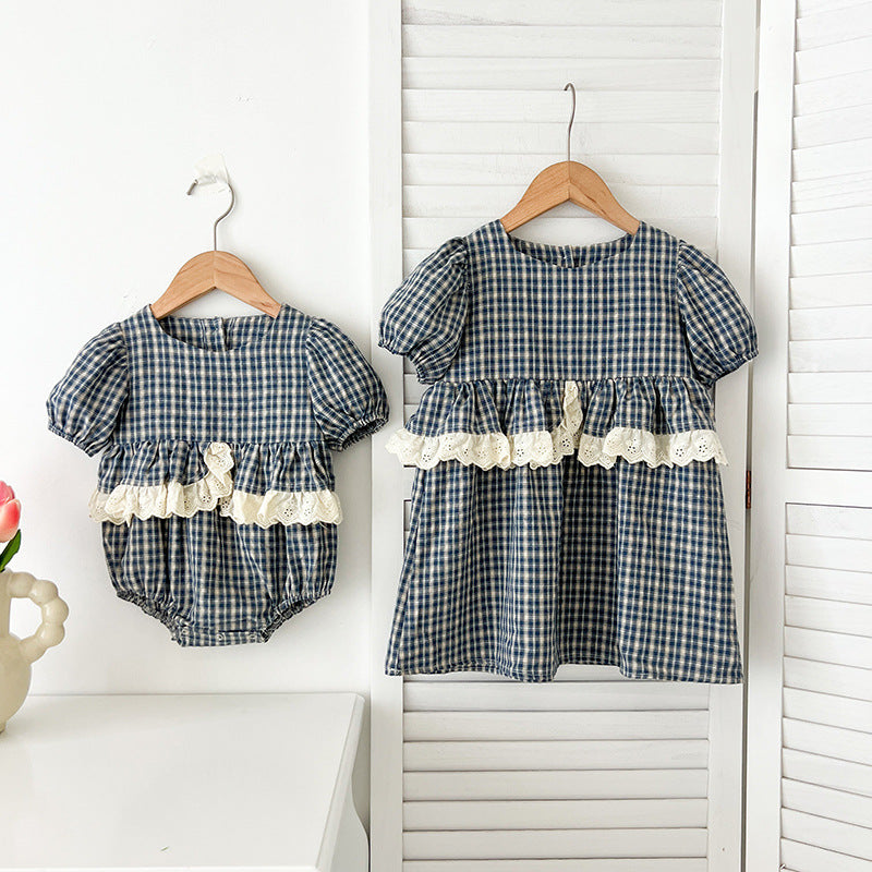 New Design Summer Baby Kids Girls Plaid Short Sleeves Crew Neck Onesies And Girls’ Dress – Princess Sister Matching Set