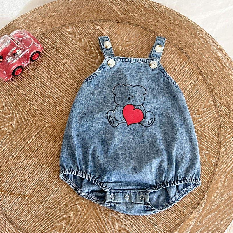 Baby Cartoon Bear Pattern Fashion Denim Strap Oniesies