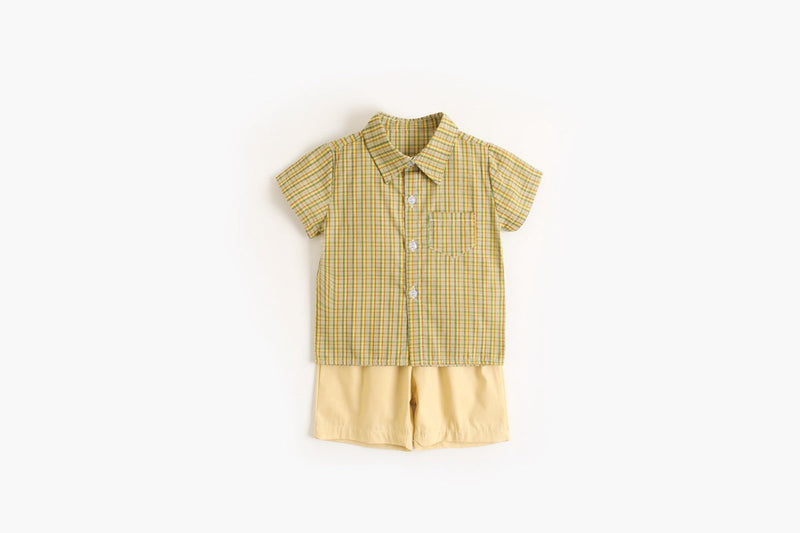 Baby Boy Plaid Pattern Single Breasted Design Polo-Neck Shirt Combo Shorts