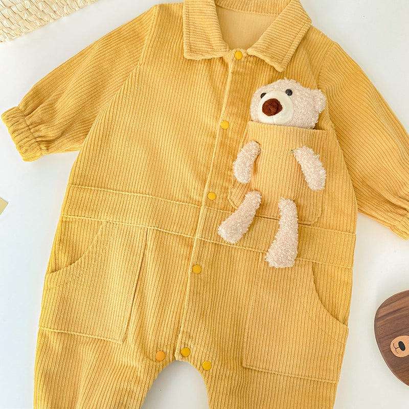 Baby 3D Cartoon Bear Patched Design Corduroy Fabric Button Front Romper