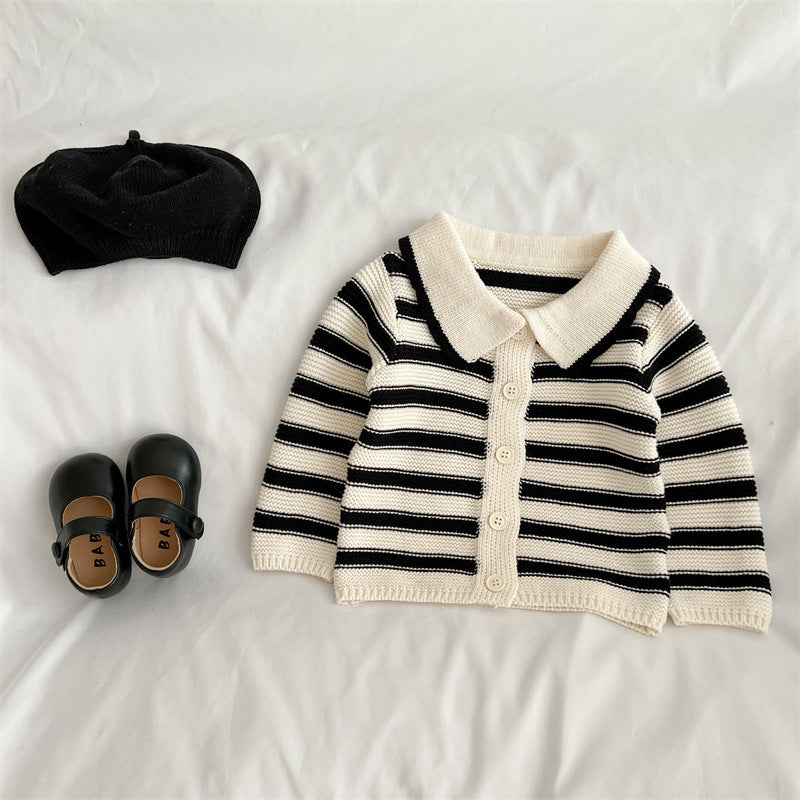 Baby Striped Pattern Lapel Knitted Cardigan With Pants Sets