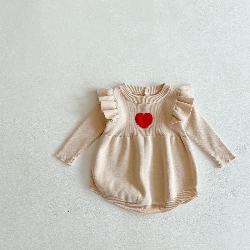 Baby Girl 1pcs Heart Embroidered Pattern Ruffle Long Sleeve Knit Onesies