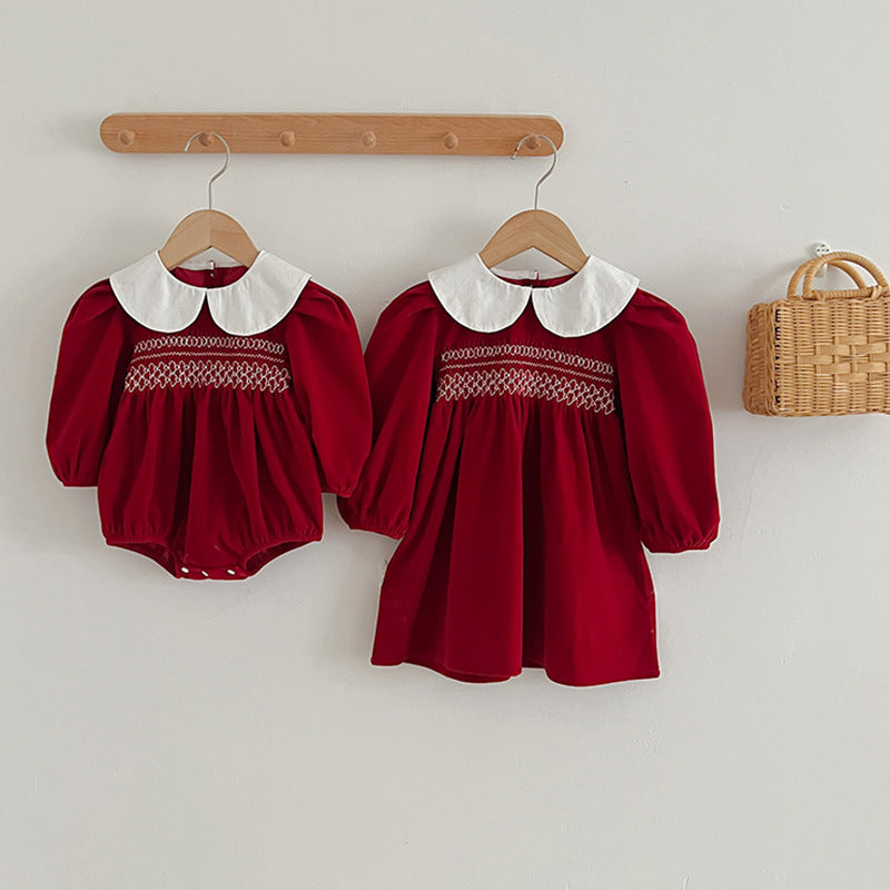 Doll Neck Red Long Sleeve Fashion Onesies & Dress