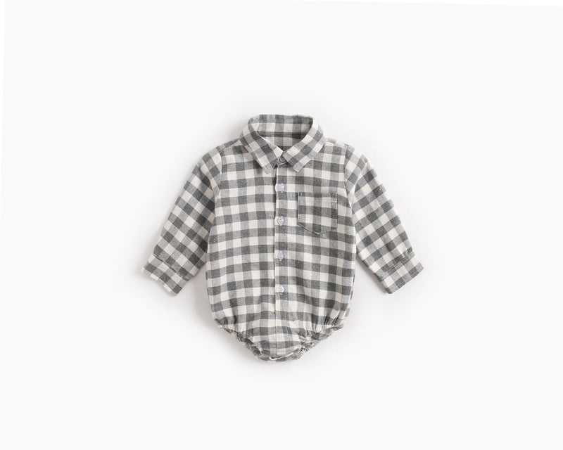 Baby Boy Plaid Pattern Buttoned Shirt With Pockets Long Sleeve Onesies In Autumn