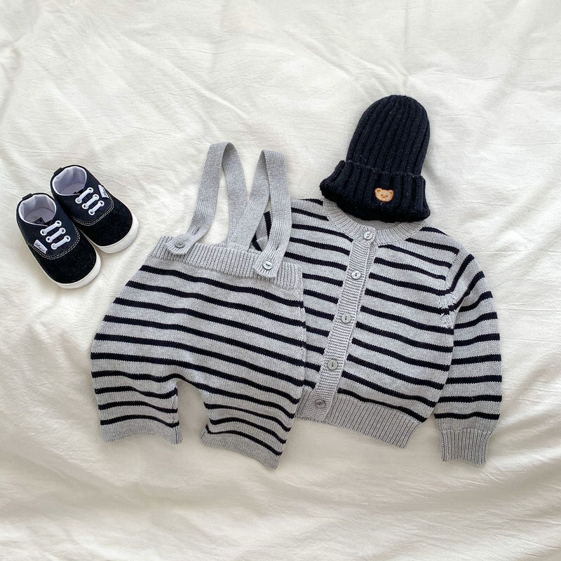 Autumn Striped Pattern Knitted Overalls Combo Cardigan Sets