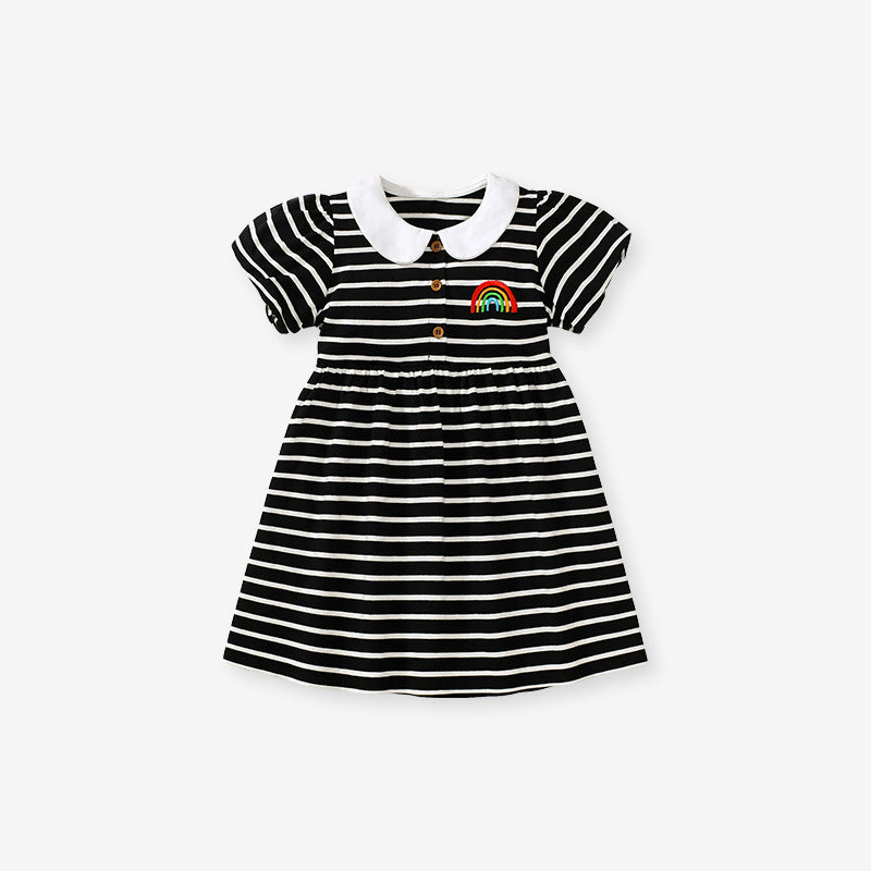 Baby Girls Peter Pan Collar Short Sleeves Striped Rainbow Logo Dress