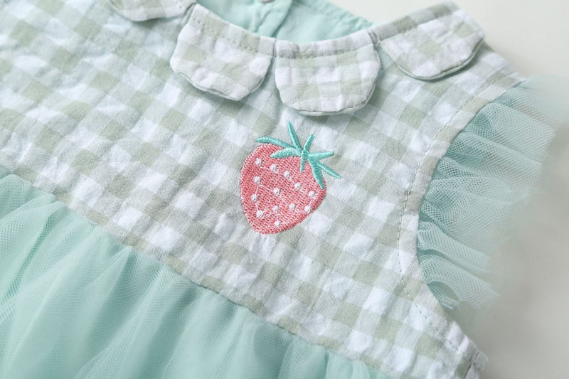 Baby Girl 1pcs Plaid Graphic Strawberry Embroidery Mesh Overlay Floral Neck Dress