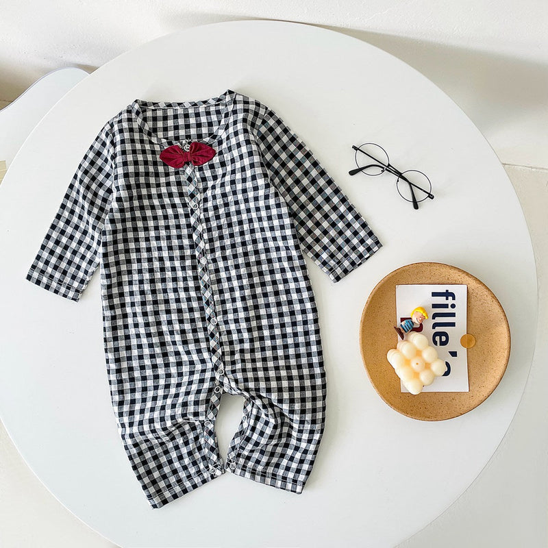 Baby Boy Plaid Pattern Bow Patched Design Cotton Jumpsuit