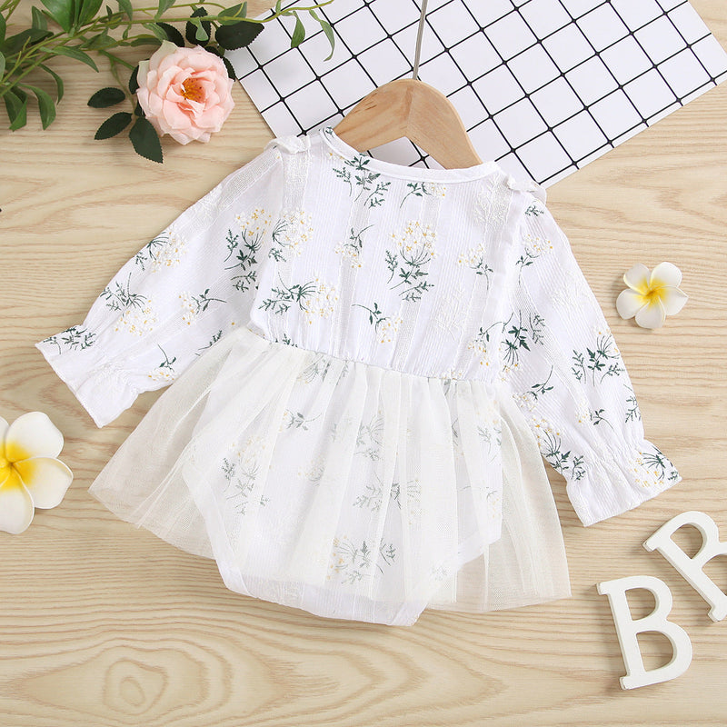 Baby Girl 1pcs Allover Grass Embroidered Graphic Mesh Overlay Dress Longsleeve Onesies