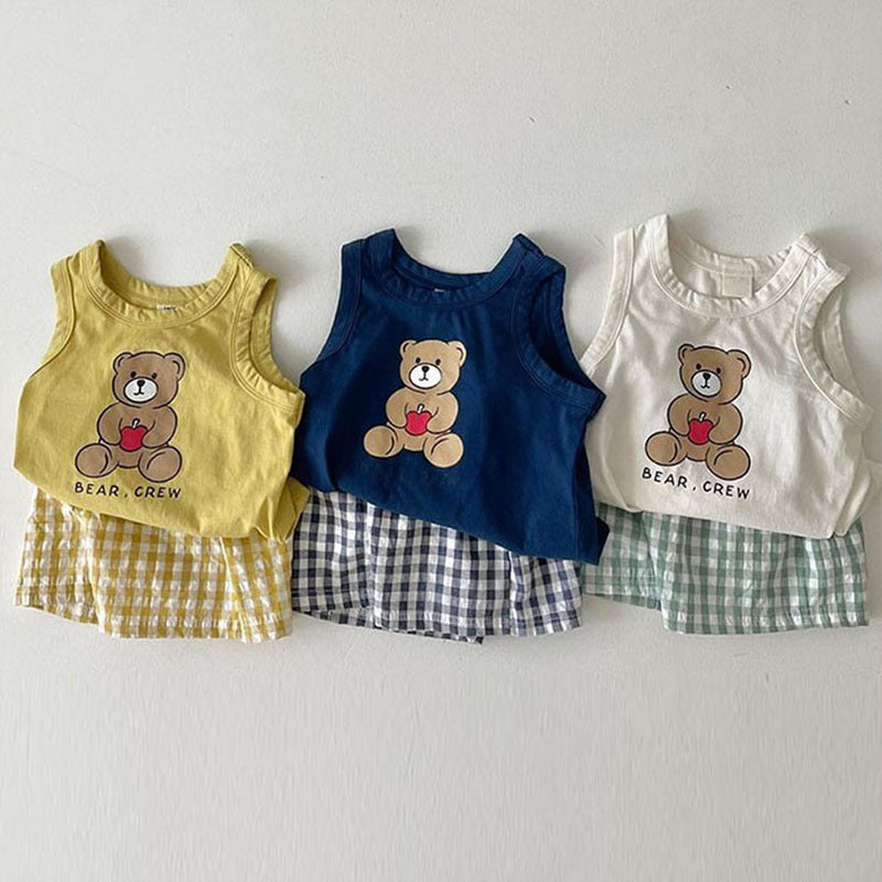 Baby Bear Print Pattern Tops With Plaid Shorts Sets