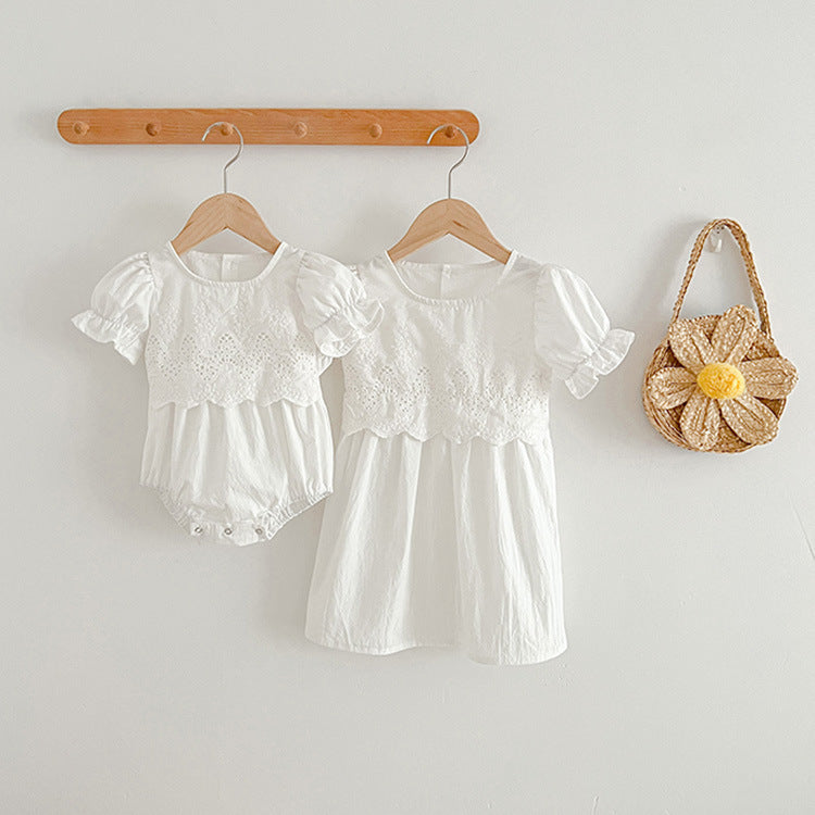 Summer Girls Hollow Out Design Floral Embroidered Short Sleeve White Dress/Onesies