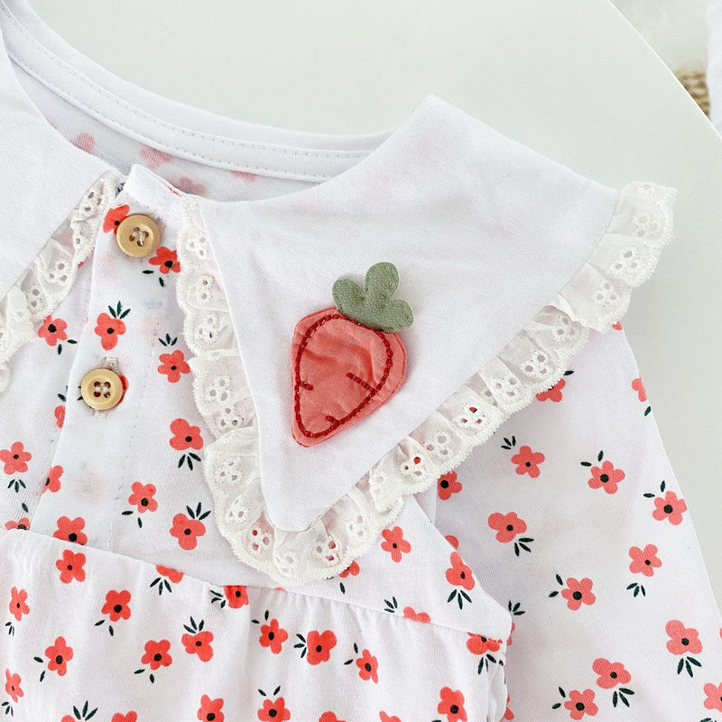 Baby Girl Ditsy Floral Print Carrot Embroidered Pattern Lapel Romper