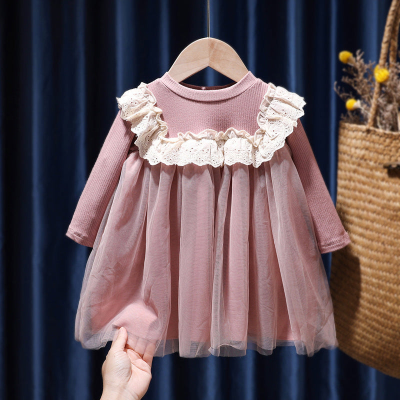 Baby Girl Solid Color Mesh Overlay Design Long Sleeves Princess Dress