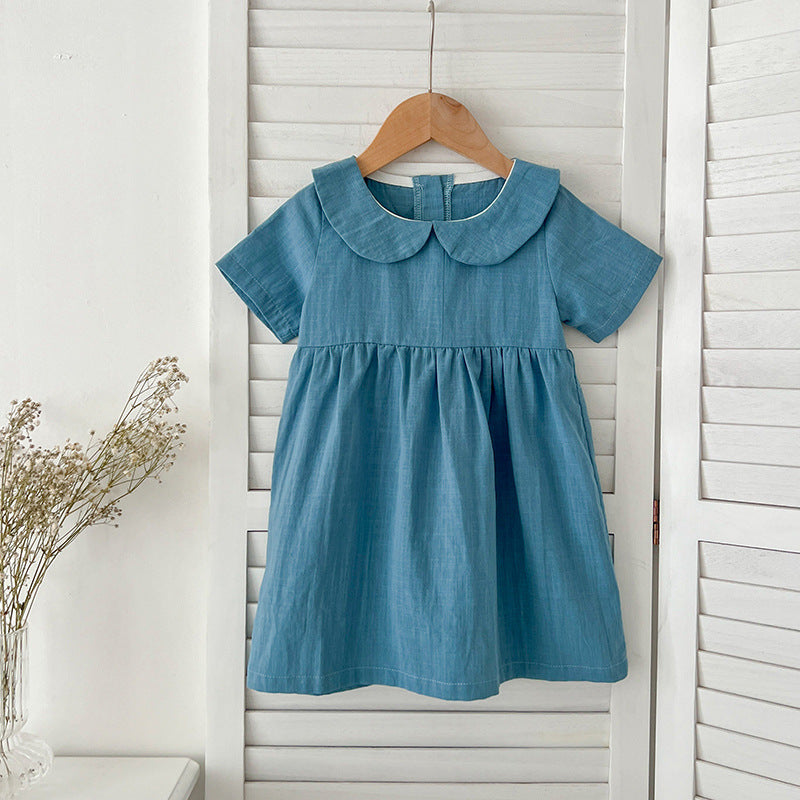 Summer Hot Selling Girls’ Solid Color Short Sleeves Peter Pan Collar Cotton Comfy Dress