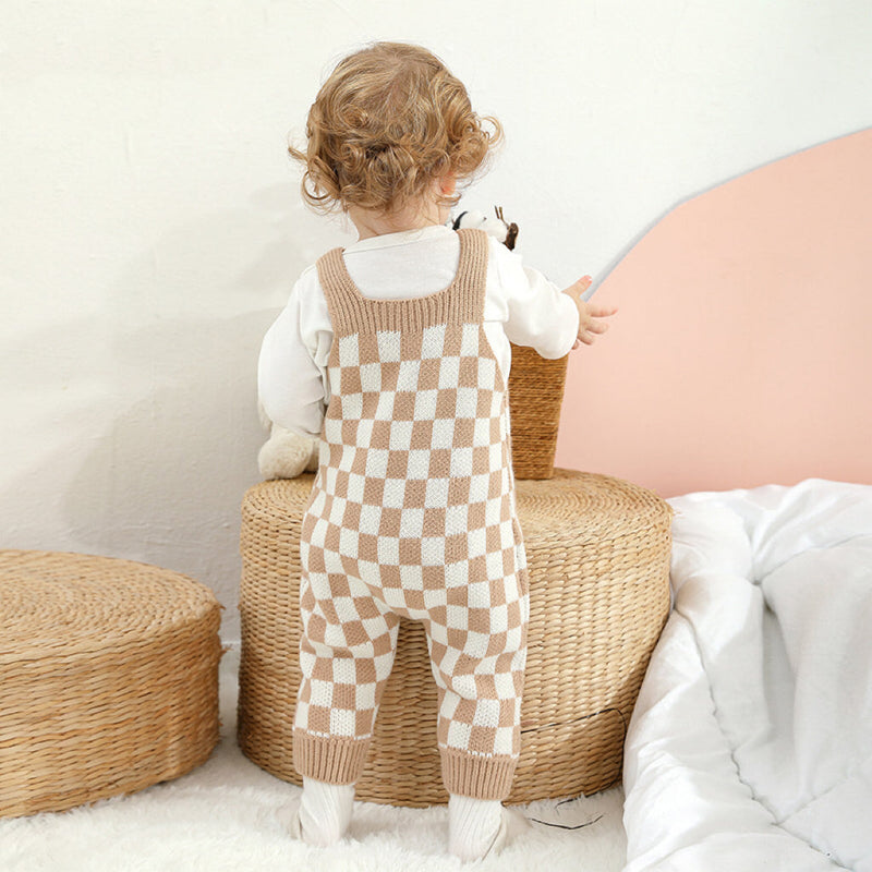 Baby Checkerboard Pattern Strap Design Knit Spring Autumn Rompers