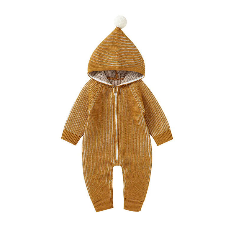 Baby Solid Color Zipper Front Design Hooded Knitted Romper