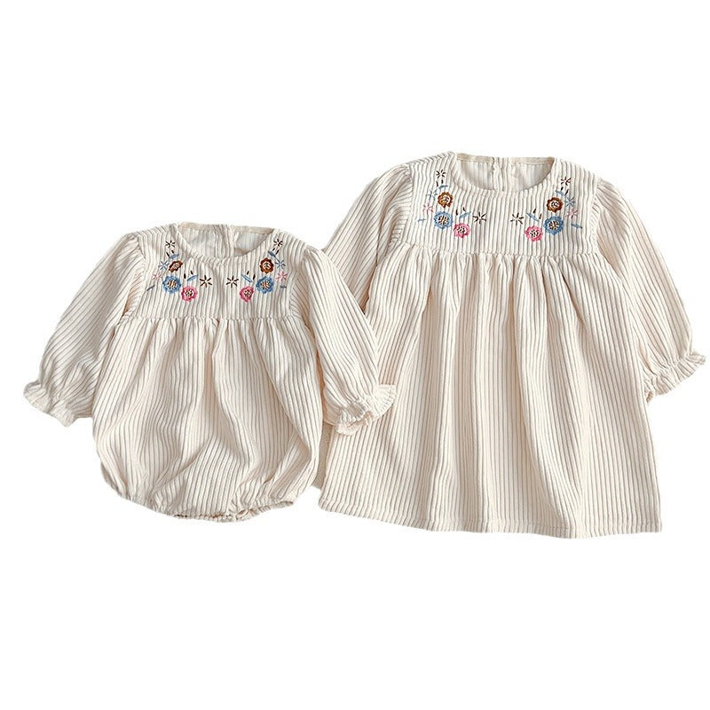 New Spring/Autumn Baby Onesies And Dress For Girls With Long Sleeves And Embroidered Flowers – Princess Sister Matching Set