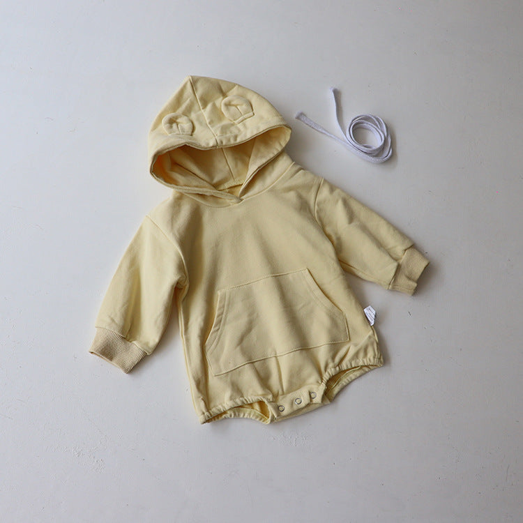 Baby 1pcs Solid Color 3D Bear Ears Patched Design Hoodie Triangle Cotton Bodysuit Onesies