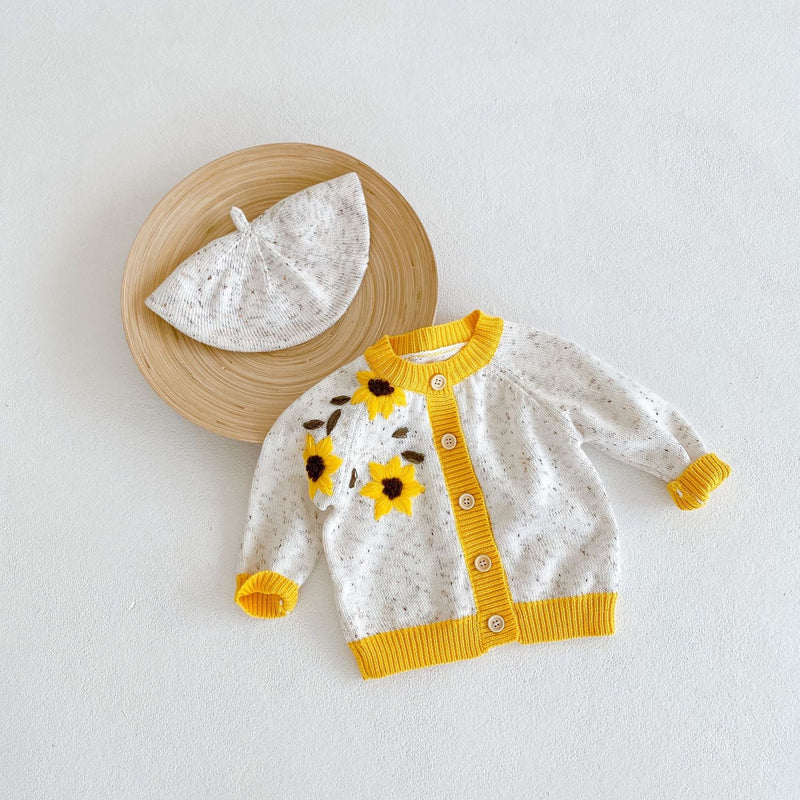 Baby Girl 1pc Sunflower Embroidered Graphic Buttoned Front Contrast Knitted Cardigan