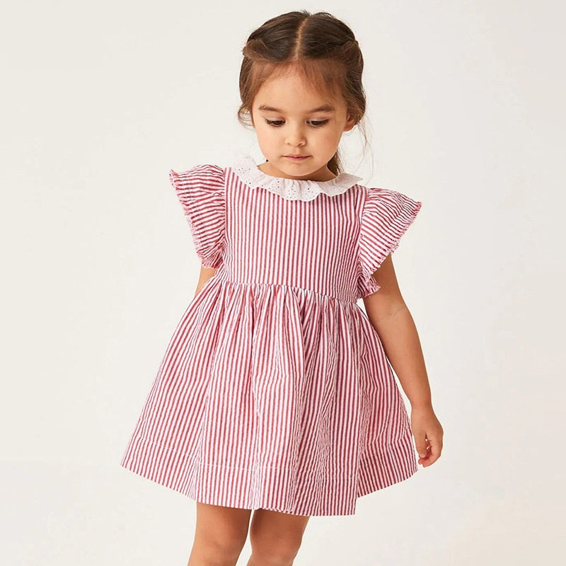 Spring And Summer Baby Girls Ruffle Collar Short Sleeves Striped Dress