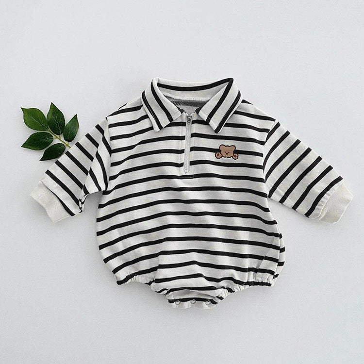 Baby Striped & Cartoon Patched Graphic Polo Neck Long Sleeves Bodysuit Onesies