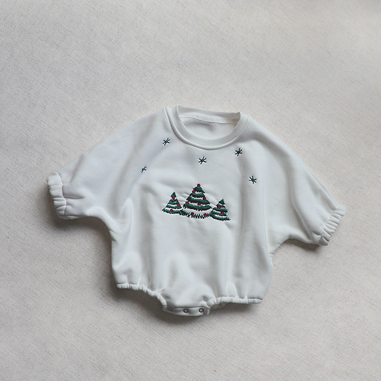 Baby Christmas Tree Embroidered Pattern Long Sleeve Fleece Winter Onesies