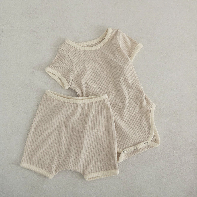 Baby Unisex Solid Color Comfy Cotton Onesies & Shorts Sets With Headband