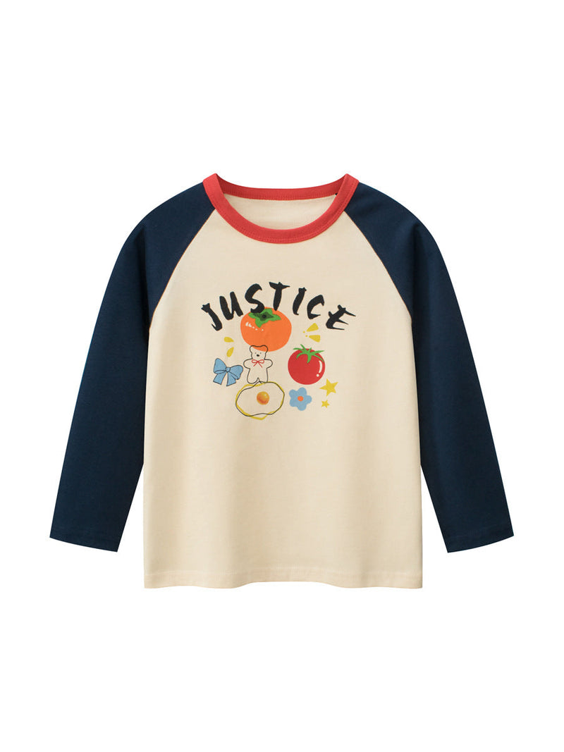 Autumn New Arrival Kids Girls Cartoon Print Crew Neck Long Sleeves Color Patchwork Shirt