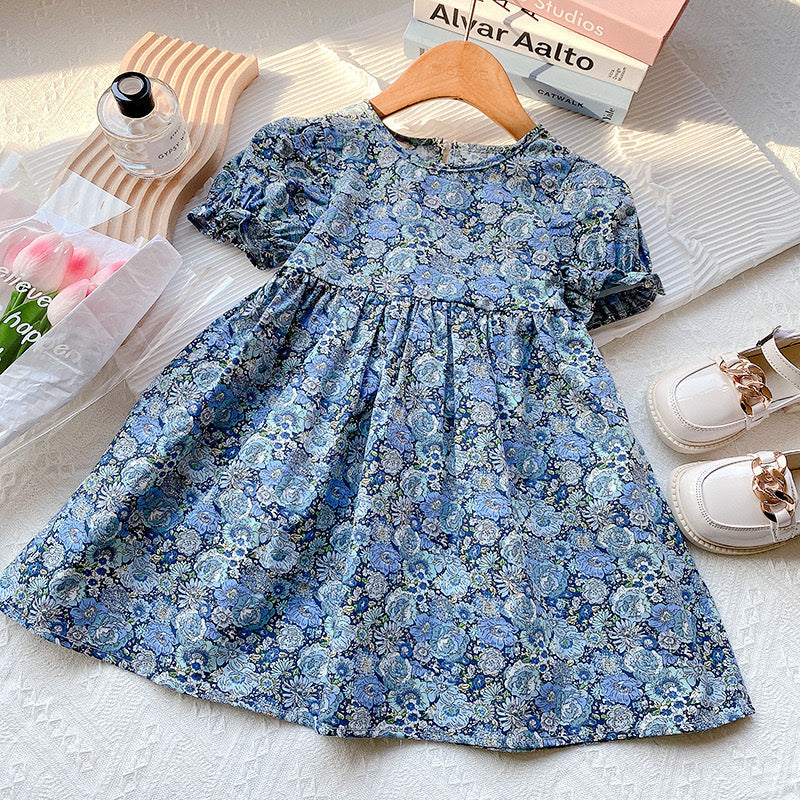 Baby Girl Floral Embroidered Pattern Lace Patchwork Design Backless Puff-Sleeved Dress