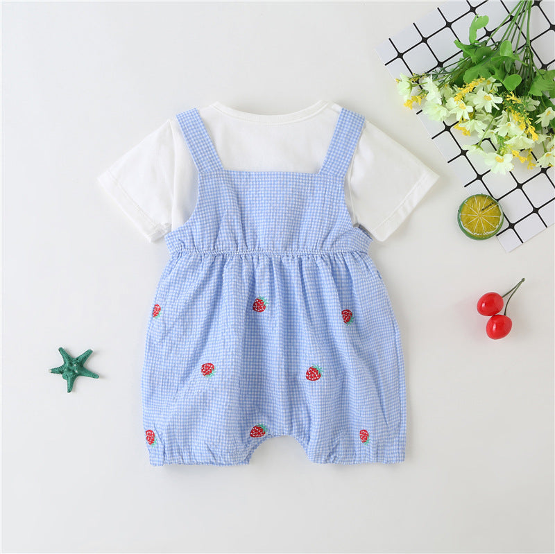 Baby Girl 1pcs Plaid Graphic Strawberries Embroidery Snap Button Jumpsuit & Solid Tee Sets