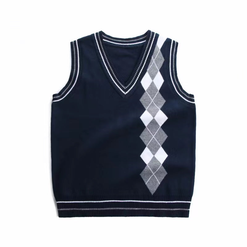 Boy And Girl Rhombus Pattern V-Neck College Style Sleeveless Vest Sweater