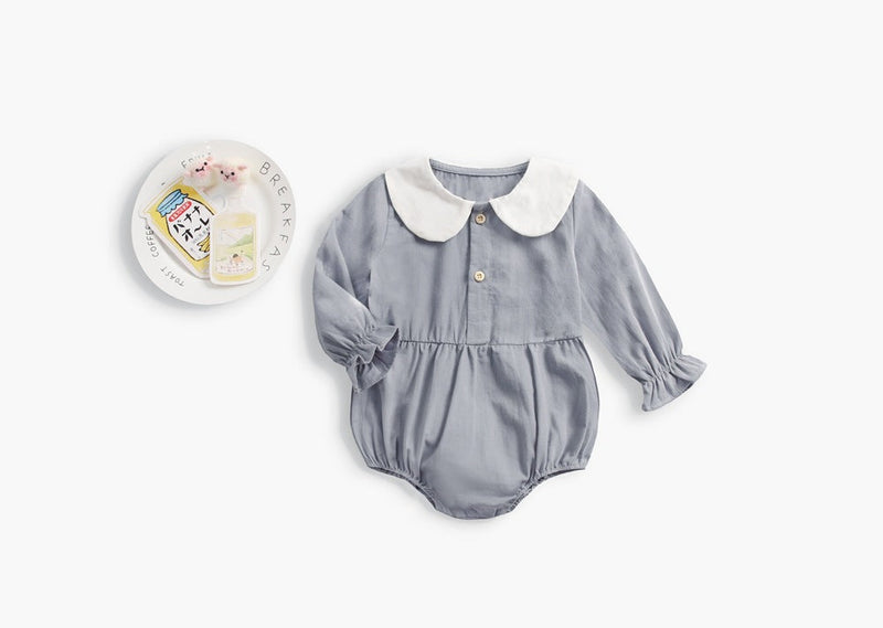 Baby Girl Doll Collar Design Solid Color Long Sleeve Onesies With Buttons