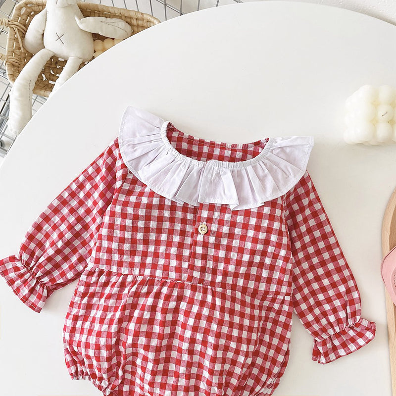 Baby Girl Plaid Pattern Ruffle Neck Design Triangle Sweet Onesies