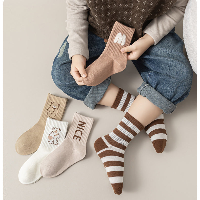 Kids Unisex Breathable Comfy Brown Bear Series Cartoon Pattern Socks Set