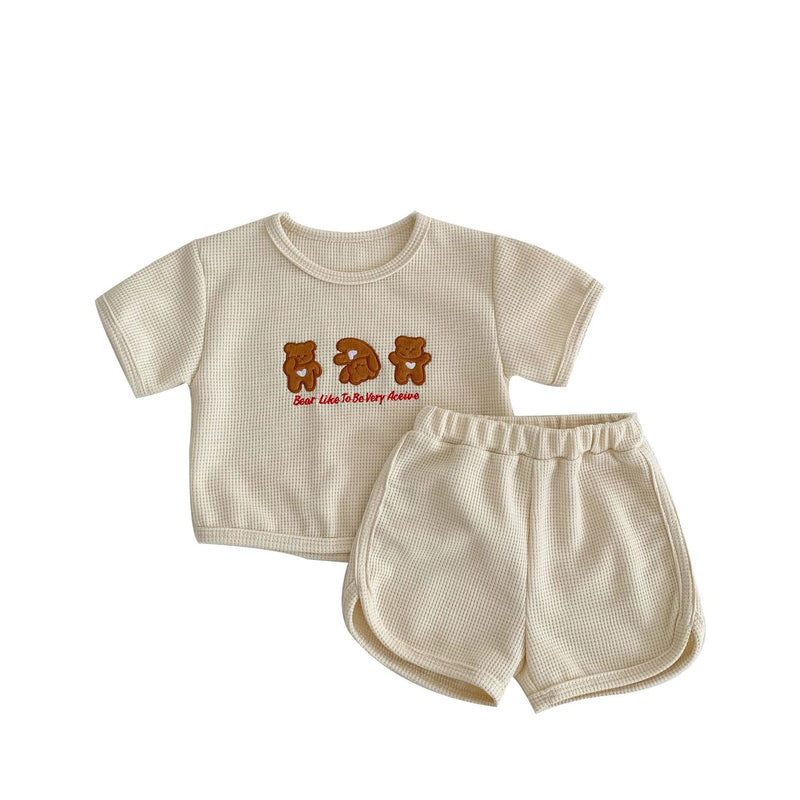 Baby Bear Embroidered Pattern Waffle Fabric T-Shirt Combo Shorts Sets