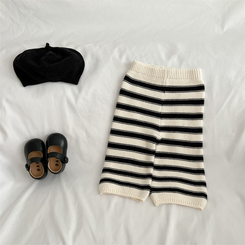 Baby Striped Pattern Lapel Knitted Cardigan With Pants Sets