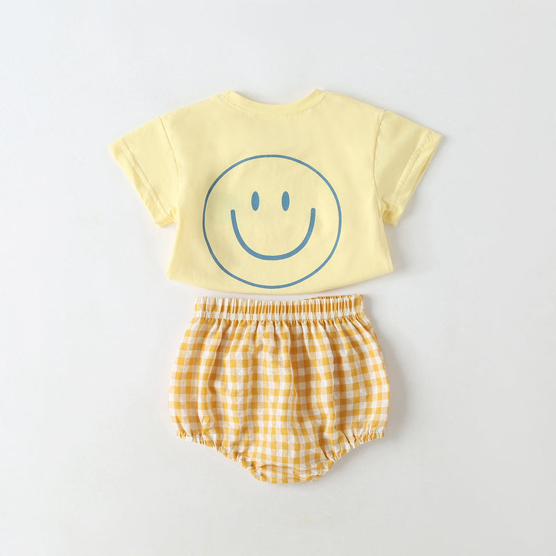 Baby Smiley Print Pattern Solid Tee Combo Plaid Pattern Triangle Shorts Sets