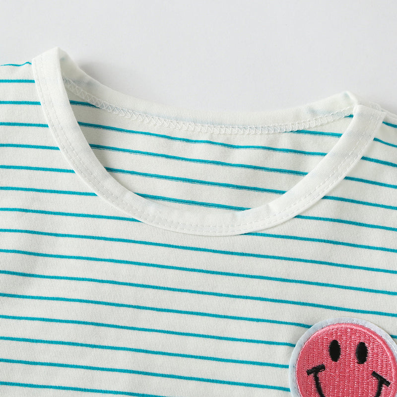 Baby Smiley Patched Pattern Striped Graphic Tee Combo Shorts Sets