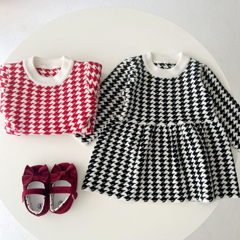 Baby Girl Hounds tooth Pattern Loose Long Sleeve Thickened Dress