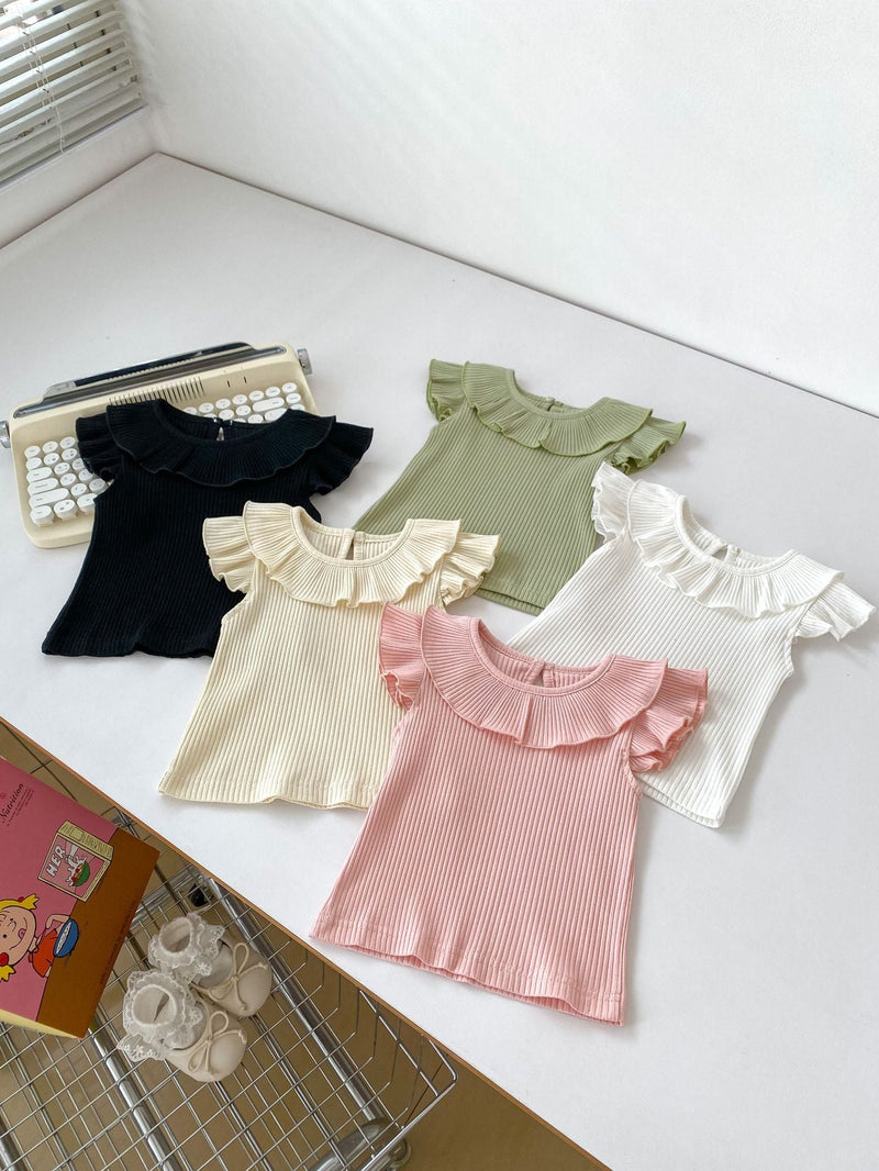 Summer Collection: Girls’ Fly Sleeves Ruffle Collar Solid Color Top