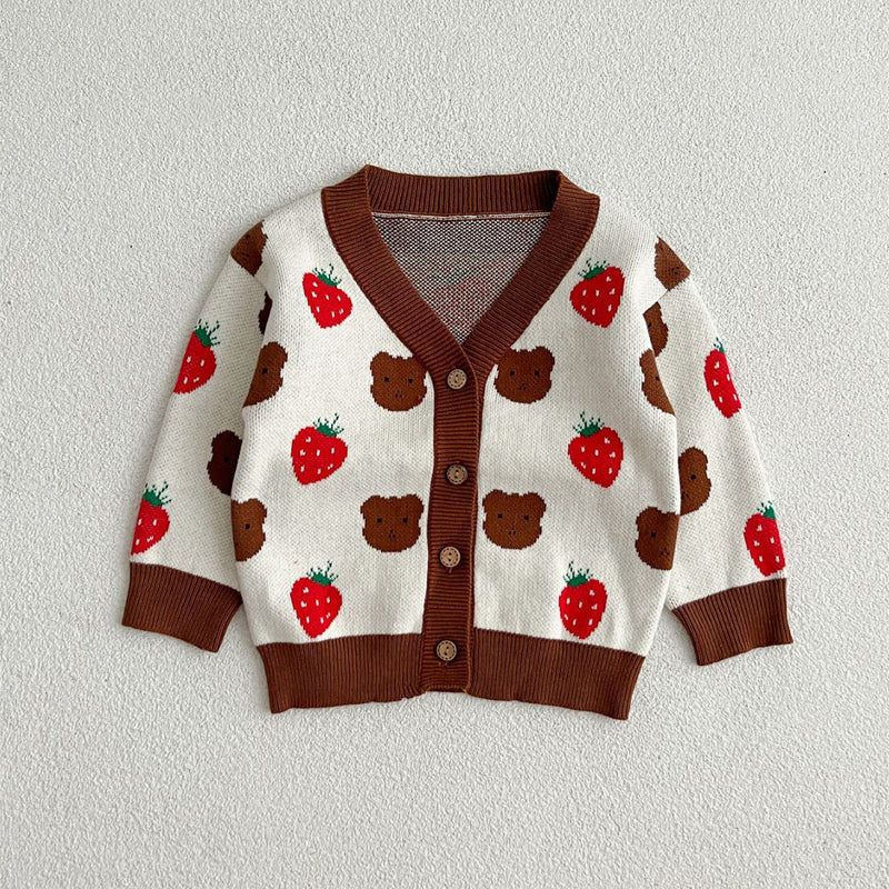 Baby Girls Cute Strawberry Combo Little Bear Head Long-Sleeved Cardigan