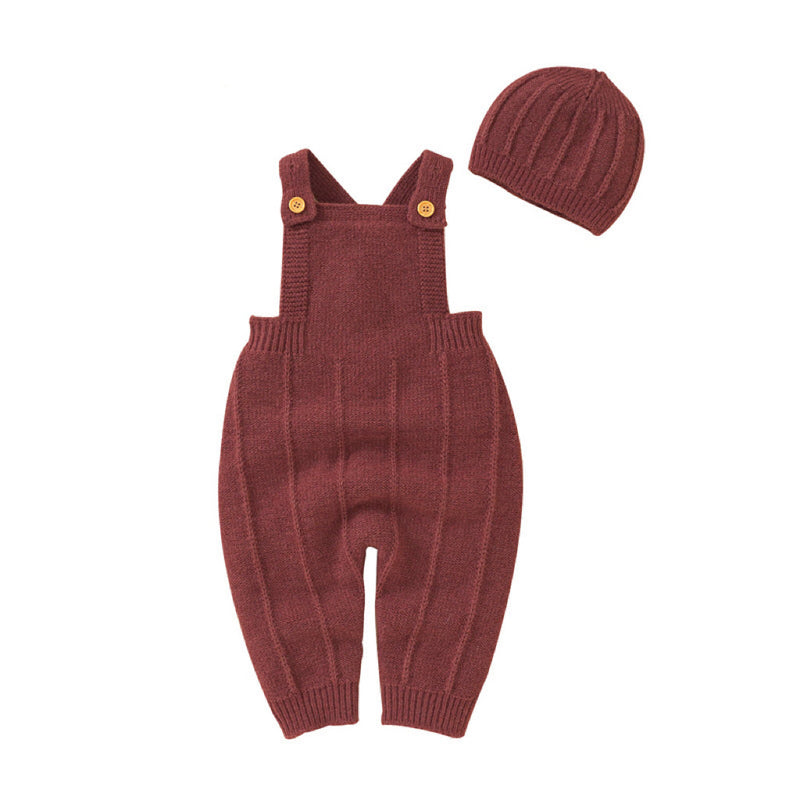 Baby Solid Color Knitted Sling Romper With Hat Sets