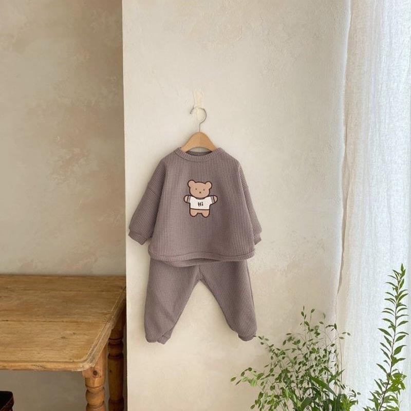 Baby Cartoon Bear Embroidered Pattern Waffle Fabric Hoodies Sets