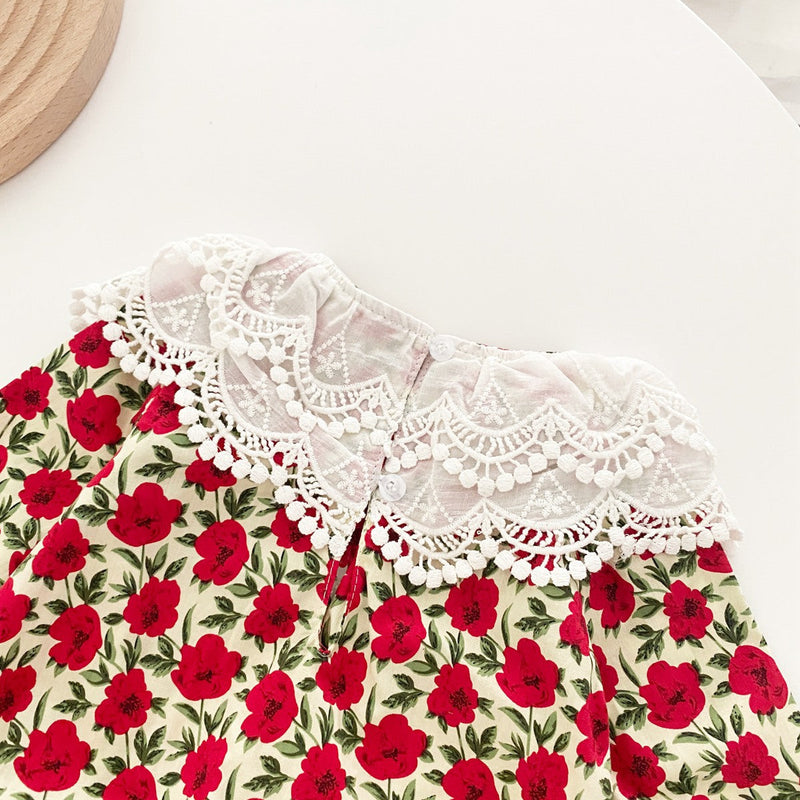 Baby Girl Flower Pattern Labeled Collar Design Long Sleeve Bodysuit