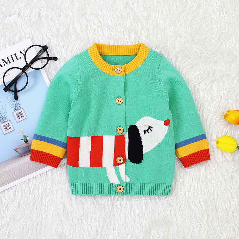 Baby Cartoon Dog Pattern Colorful Contrast Design Cardigan